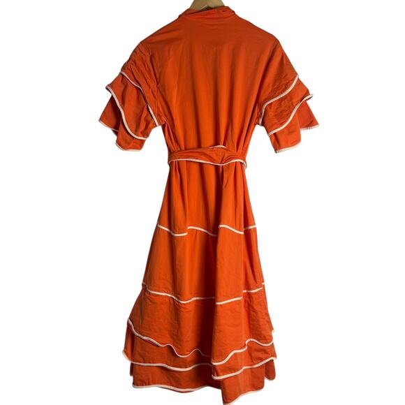 Alexis Rhodes Orange Short Sleeve Belted Tie Waist Midi Shirt Dress Size Large - Picture 13 of 16